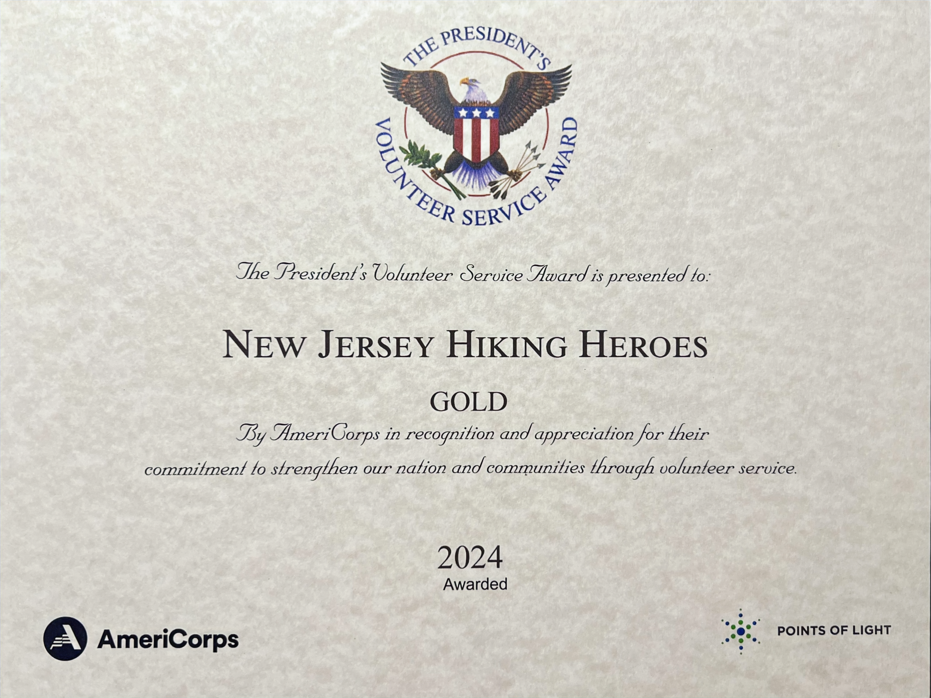 The President's Volunteer Service Award presented to New Jersey Hiking Heroes